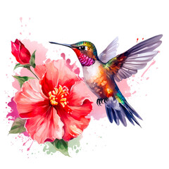 A painting of a hummingbird flying over a bunch of  flowers with watercolor splashes on it.