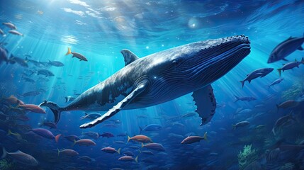 Fototapeta premium Beautiful underwater scenery with various types of fish and coral reefs.