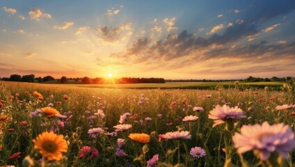 Fototapeta na wymiar Wildflower Meadow at Sunset with Vivid Colors
