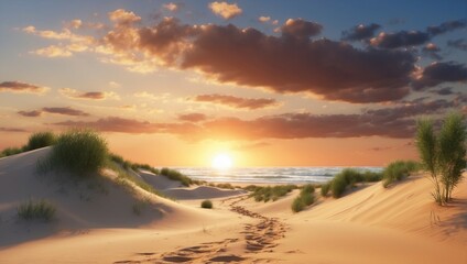 Serene Sunset over Sandy Beach Dunes with Ocean View