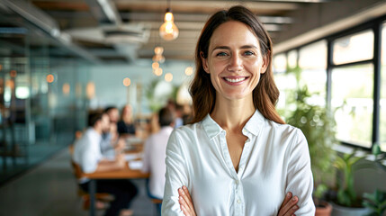 Obraz premium Smiling young businesswoman standing in an office with workers talking together at a table in the background