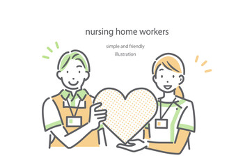 安心を提供する介護スタッフ　シンプルでお洒落な線画イラスト