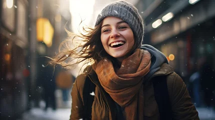 Foto op Plexiglas Capture the warmth and joy of a woman with a scarf, smiling amidst the urban landscape © LaxmiOwl