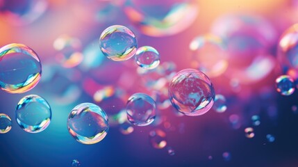 An iridescent air bubble on a background with a gradient. A lot of bubbles are flying in a chaotic manner. - obrazy, fototapety, plakaty