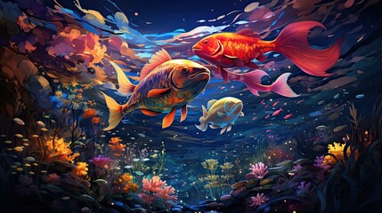 Beautiful underwater scenery with various types of fish and coral reefs. - obrazy, fototapety, plakaty