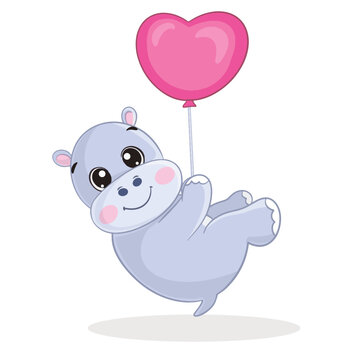 Cute hippo flying on love balloons for valentine day Illustration