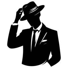 a minimalist business man with hat, one hand on the head, stylish pose, vector silhouette, black color silhouette