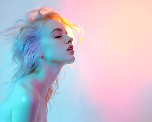 Fashion editorial Concept. Stunning natural face beautiful woman with pastel colourful rainbow iridescent flowing hair. illuminated with dynamic composition and dramatic lighting. copy text space	
