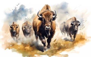 Artistic image of a herd of buffalo. collection of canvas art animal paintings, in watercolor style. generative ai