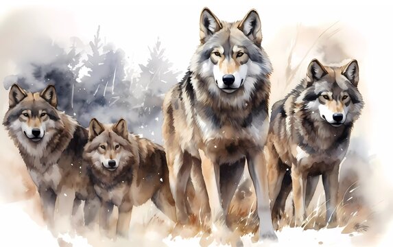 Artistic image of a wolf pack. collection of canvas art animal paintings, in watercolor style. generative ai