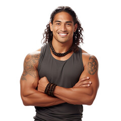 Front view of an extremely handsome polynesian male model dressed as an Yoga Instructor smiling with arms folded, isolated on a white transparent background.