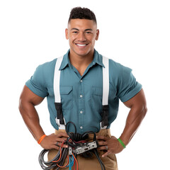 Front view of an extremely handsome polynesian male model dressed as an Electrician smiling with arms folded, isolated on a white transparent background.