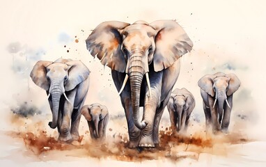 Artistic image of a herd of elephants. collection of canvas art animal paintings, in watercolor style. generative ai