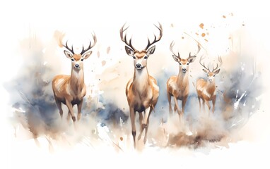 Artistic image of a herd of deer. collection of canvas art animal paintings, in watercolor style. generative ai