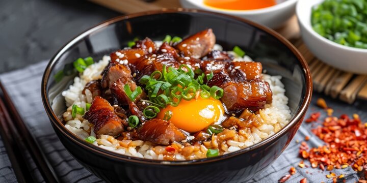 Taiwanese Braised Pork with rice and egg. Asian food concept. AI generated image. 