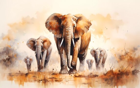Artistic image of a herd of elephants. collection of canvas art animal paintings, in watercolor style. generative ai