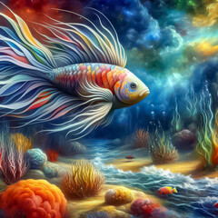 Fototapeta na wymiar Ornamental fish in the sea have colorful bird feathers.