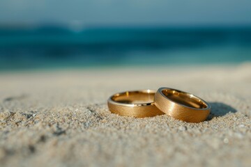 close up view, a Pair of gold wedding rings  on tropical island beach during summer with blue ocean background, honeymoon or wedding concept...