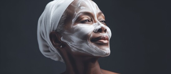 Confident older woman moisturizing her flawless melanated skin.