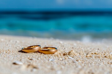 close up view, a Pair of gold wedding rings  on tropical island beach during summer with blue ocean background, honeymoon or wedding concept...