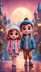 Cute couple in the magical city digital illustrator 