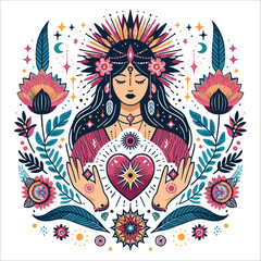 Boho sacred heart reiki magic woman mystical symbol flat holistic healing meditation new age concepta