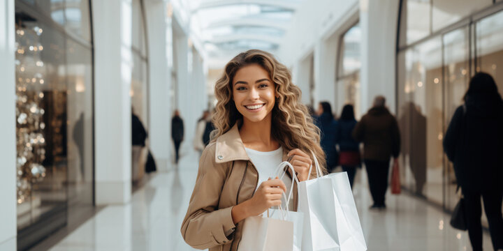 Extremely happy satisfied beautiful smiling female woman in white shirt standing in a shopping mall. Discounts, good purchases. Indoor studio shot of shopping and sale concept. Black friday.