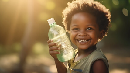 Smile african child holding plastic water bottle, happy childhood. Concept for solving drinking water problems in Africa, need for pump - obrazy, fototapety, plakaty