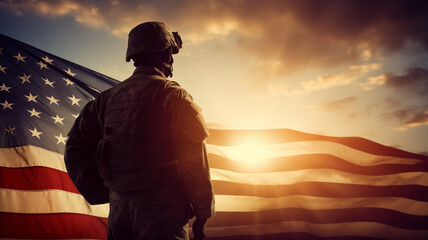 Banner army USA soldier on background national flag with sun light - obrazy, fototapety, plakaty