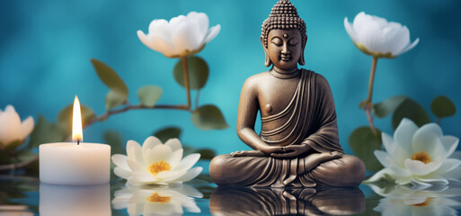 Concept banner statue Buddha with water lily or lotus flower. Vesak day birthday, Buddhist lent.