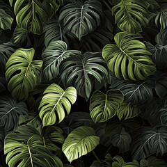 seamless pattern with green monstera leaves on tropical forest background. Hawaiian texture ornament for fabric and textile decoration