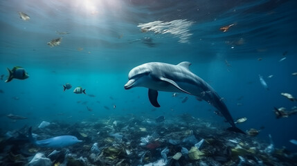 Concept pollution water with waste plastic and human. Blue dolphin floating among garbage in ocean.