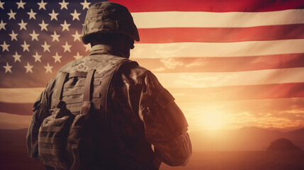 Banner army USA soldier on background national flag with sun light