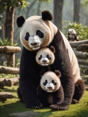 Fototapeta premium beautiful panda with a baby panda happy together in chinese park realistic 