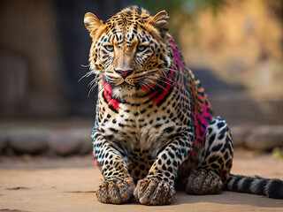 Colorful Leopard Sitting on Haunches