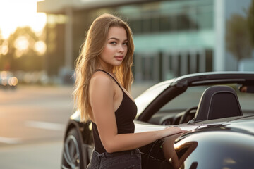 Fototapeta na wymiar a beautiful girl posing in front of a luxury car