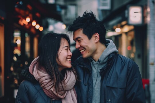Happy asian couple dating in the city at night. Asian people lifestyle