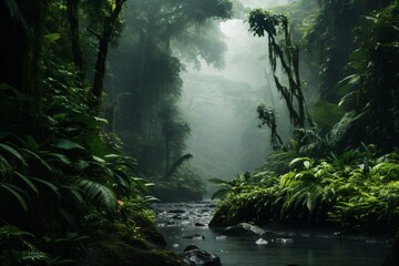 Obraz premium A river flowing in a lush green jungle