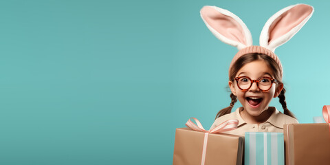 Cute smiling girl wearing Easter bunny ears with shopping gifts with empty space for text over turquoise background - obrazy, fototapety, plakaty
