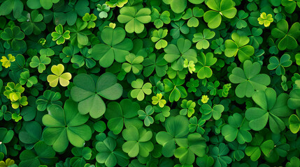 Green leaves background,  Glitter green clover leaves as background, top view. St. Patrick's Day celebration, Ai generated image