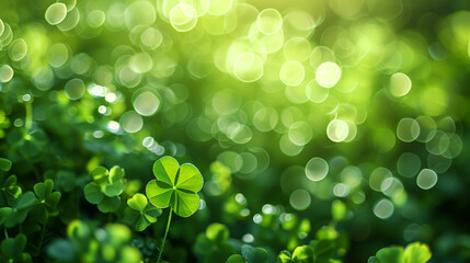 Green clover with dew on leaves, st. patrick's day concept, green background clover leaf bokeh lights defocused, Ai generated image