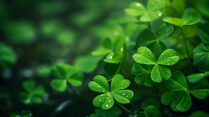 Fototapeta na wymiar Four clover in spring, Green clover with dew on leaves, st. patrick's day concept, green background clover leaf bokeh lights defocused, Ai generated image