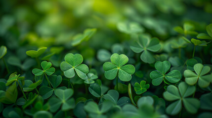 Fototapeta na wymiar clover leaves, Natural green background with fresh three-leaved shamrocks. St. Patrick's day holiday symbol. Top View, green background clover leaf bokeh lights defocused, Ai generated image