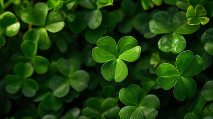 Fototapeta na wymiar Four clover, Natural green background with fresh three-leaved shamrocks. St. Patrick's day holiday symbol. Top View, green background clover leaf bokeh lights defocused, Ai generated image