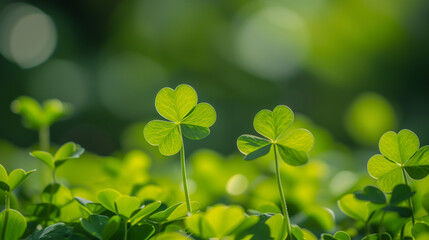 Fototapeta na wymiar Green leaves on a sunny day, Natural green background with fresh three-leaved shamrocks. St. Patrick's day holiday symbol. Top View, green background clover leaf bokeh lights defocused, Ai generated i