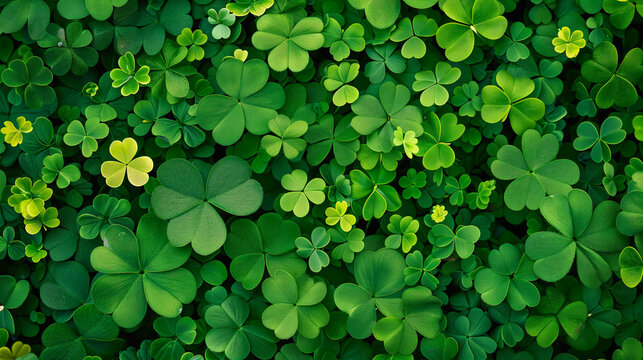 Green leaves background,  Glitter green clover leaves as background, top view. St. Patrick's Day celebration, Ai generated image