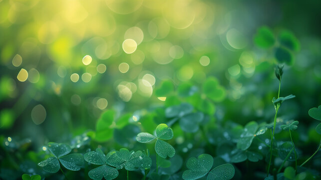 water drops on green grass, Green clover with dew on leaves, st. patrick's day concept, green background clover leaf bokeh lights defocused, Ai generated image