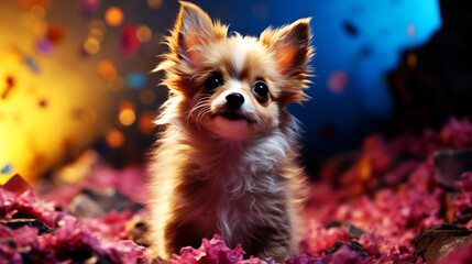 Cute chihuahua puppy on a background of flowers.