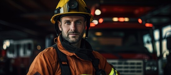 Firefighter in uniform and helmet at fire station, fireman attire.