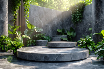 Marble Podium Circular tropical natural leafs plants, cosmetic product placement pedestal present promotional stand showcase scene for product presentation
